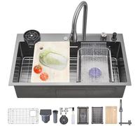 Évier de cuisine moderne en acier inoxydable noir/gris 86 x 50 cm - Bol unique multifonctionnel avec robinet extractible, rondelle de tasse et accessoires pour cuisines contemporaines