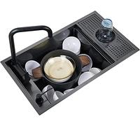 Évier de cuisine moderne en acier inoxydable noir sous plan, cuve simple, style cascade de ferme, avec robinet, lave-gobelet et distributeur de savon, idéal pour les postes de travail à la m