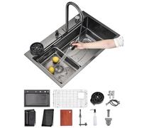 Évier de cuisine moderne gris avec robinet cascade, distributeur de savon et égouttoir à vaisselle - 66 x 50 cm, 76 x 50 cm, 81 x 50 cm, 86 x 50 cm - Design élégant gris plomb pour rénovation de la
