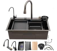 Évier de cuisine moderne noir gris avec mitigeur rabattable en acier inoxydable T 68 x 45 cm cuve unique idéal pour le drainage et l'eau potable Design en cascade