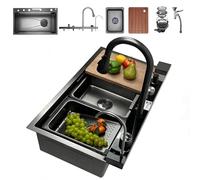 Évier De Cuisine Multifonction Acier Inoxydable Avec Robinet À Pulvérisateur Cascade - Ensemble Évier Cuisine Multifonctionnel(Black-Grey,68x46cm)