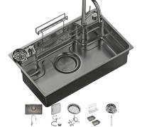 Évier de cuisine multifonction, affichage numérique, évier cascade à cuve unique, bac à vaisselle en acier inoxydable fait main, avec robinet multifonction et accessoires(Gunmetal Gray,78x48x22)