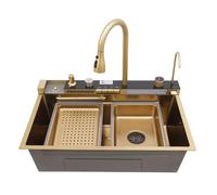 Évier de cuisine multifonction cascade robinet amovible plusieurs variantes de bec avec nettoyant pour tasses et distributeur de détergent 75 x 46 x 22 cm Doré