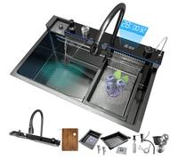 Évier de cuisine multifonction en acier inoxydable avec bord cascade et drain gris acier, idéal pour les maisons et les bars modernes (68x46)