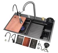 Évier De Cuisine Multifonction En Acier Inoxydable Avec Cascade, Évier De Grande Capacité, Évier À Cuve Unique À Montage En Surface, Avec Bouton De Vidange Et Accessoires Complets(noir,68x45x22cm)