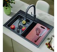 Évier de cuisine multifonction en acier inoxydable avec grand panneau adhésif, robinet extractible et panier de rangement (7648)