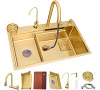 Évier De Cuisine Multifonction en Acier Inoxydable, évier Cascade Doré, évier Simple, Plan De Travail Coulissant, avec Robinet Extractible Et Accessoires., One Color, 75x45x22cm