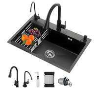 Évier de cuisine multifonction en acier inoxydable - Lavabo simple à 3 trous avec valve d'angle - Panier de vidange - Robinets extractibles et robinet purificateur d'eau - Idéal pour les cuisines