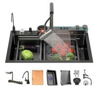 Évier de cuisine multifonction en acier inoxydable noir cascade avec affichage numérique, robinet double mode et accessoires - 68 x 45 x 22 cm, parfait pour les cuisines modernes