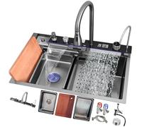 Évier de cuisine multifonction noir avec affichage de la température - Design cascade spacieuse - Station de travail insonorisée - Accessoires complets (75 x 46 x 22 cm)