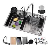 Évier de cuisine multifonctionnel 80 x 45 cm cascade avec robinet intelligent grand bol unique gris et noir unité d'évier tasse Rr et 4 modes de pulvérisation pour cuisines modernes