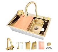 Évier De Cuisine Multifonctionnel À Cuve Unique Avec Accessoires Évier De Cuisine En Acier Inoxydable Nano-revêtement Lavabo De Bar De Grande Capacité Avec Robinet Cascade, Kit D'accessoires Complet(G