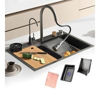 Évier De Cuisine Multifonctionnel À Cuve Unique Avec Accessoires Évier De Cuisine En Acier Inoxydable Nano-revêtement Lavabo De Bar De Grande Capacité Avec Robinet Cascade, Kit D'accessoires Complet(n