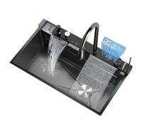 Évier de cuisine multifonctionnel en acier à cuve unique avec robinet intégré intelligent et affichage numérique 5 modes de sortie d'eau, grand 80 x 46 cm pour cuisines modernes