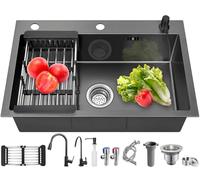 Évier de cuisine Nano gris foncé Ribanedy, évier de cuisine à une cuve en acier inoxydable avec robinet extractible/distributeur de savon/robinet de purification d'eau (Gris foncé, 80 X 50 cm)