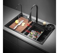 Évier de Cuisine Nano Raindance Waterfall, évier sous Plan avec Robinet extractible et Lave-Verre (Couleur : Noir, Dimensions : 68 x 45 x 22 cm)