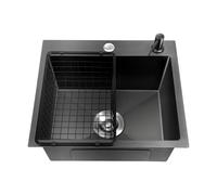 Évier de cuisine noir - 1 bac encastrable - Rectangulaire - Petit évier de cuisine - En acier inoxydable - Avec égouttoir - Distributeur de savon