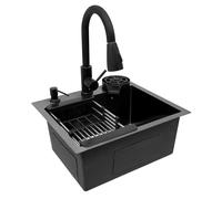 Évier de cuisine, noir, 40 x 45 cm, encastrable, avec robinet extensible, panier d'égouttement et distributeur de savon
