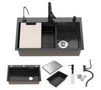 Évier de Cuisine Noir 75x45 cm avec Plan de Travail Intégré, Évier Inox 1 Bac Encastrable (Top-Mount) avec Planche à Découper et Égouttoir, Évier de Cuisine Moderne Anti-Rayures et Silencieux