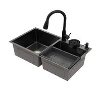 Évier de cuisine, noir, 78 × 43 × 21 cm, en acier inoxydable, à 2 bacs avec robinet extensible, 2 types de jet, kit complet avec égouttoir, distributeur de savon, nettoyant pour tasses