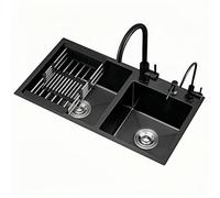 Évier de Cuisine Noir à Encastrer en Acier Inoxydable, Évier de Cuisine à Double Cuve 60/40 avec Robinet Extractible, Amortissement du Bruit, Coins R10, Facile à Nettoyer(29.5x15.7in/75x40cm)