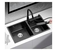 Évier de cuisine noir à encastrer sous plan, évier double en acier inoxydable pour bar ou préparation, poste de travail à poser avec robinet extractible et panier d'égouttage (Dimensions : 75*