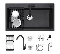 Évier de Cuisine Noir Acier Inoxydable 68x45cm Simple Bac, Évier à Encastrer avec Égouttoir, Distributeur de Savon & Robinet, Kit Complet Évier Noir Moderne pour Cuisine