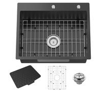 Évier de cuisine noir de 63,5 x 50,8 cm en acier inoxydable à cuve unique à montage sur le dessus, look élégant et moderne avec grille inférieure, tapis en silicone et ensemble de vidange pour ajouter
