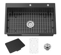 Évier de cuisine noir de 78,7 x 50,8 cm en acier inoxydable à cuve unique à montage sur le dessus, look élégant et moderne avec grille inférieure, tapis en silicone et ensemble de vidange pour ajouter