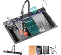 Évier de cuisine noir en acier inoxydable 304 - Encastré/encastré avec cascade - Bac simple - Évier de station de travail avec robinet extensible et accessoires (Wal, 90 cm)