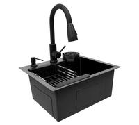 Évier de cuisine noir en acier inoxydable - 45 x 40 cm - Avec nano-revêtement - Avec douchette et lave-vaisselle à tasses - Avec égouttoir, distributeur de savon, design d'écoulement en forme de X