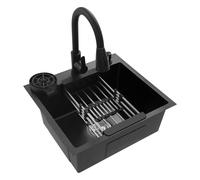 Évier de cuisine noir en acier inoxydable - 45 x 50 cm - Avec nano-revêtement - Avec douchette et lave-vaisselle à tasses - Avec égouttoir, distributeur de savon, design d'écoulement en forme de X