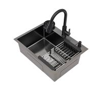Évier de cuisine noir en acier inoxydable 60 x 45 cm Évier encastrable 1 | Évier de cuisine rectangulaire avec robinet extensible, nettoyeur de tasses, égouttoir et distributeur de savon