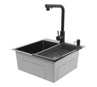 Évier de cuisine noir en acier inoxydable avec robinet extensible, ensemble égouttoir, distributeur de savon et panier d'égouttement, pour caves, bars et cuisines, 45 x 45 cm