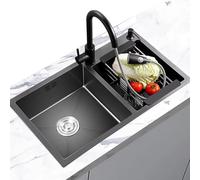 Évier de cuisine noir en acier inoxydable double cuve avec robinet extractible haute capacité accessoires complets (dimensions : 78 x 43 x 20 cm) design durable et élégant