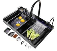 Évier de cuisine noir en acier inoxydable, robinet multifonction avec cascade, grand évier simple, accessoires complets (80x46x22cm)