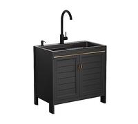 Évier de Cuisine Noir et Armoire combinée, évier Utilitaire, évier de buanderie, Armoire combinée, évier autoportant en Acier Inoxydable avec Robinet d'eau Chaude et Froide pour Garage, Rest