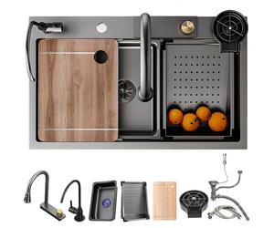 Évier de cuisine noir gris avec mitigeur cascade rabattable et kit de vidange de lave-vaisselle en acier inoxydable 80 x 50 cm parfait pour les maisons modernes