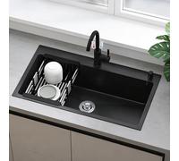 Évier de Cuisine Noir Inox 304, Évier Farmhouse 68x45 cm à 1 Bac, Montage Encastrable ou Sous-plan, avec Robinet Mitigeur et Accessoires Complets