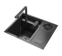 Évier de cuisine noir mat, 55 x 45 cm, invisible, encastrable, en acier inoxydable, avec robinet de levage extensible et fonction de lavage des tasses
