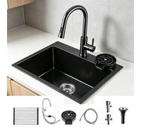 Évier de cuisine petit bac unique en acier inoxydable 304 gris canon, insonorisé et anti-condensation, livré avec robinet extensible et lave-verres, pose sur plan de travail