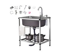 Évier de cuisine portable en acier inoxydable 304 avec cuve simple en T pour maison, bar, usage intérieur commercial, comprend une passoire et un tuyau de vidange, 70 x 46 x 75 cm