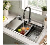 Évier De Cuisine Poste De Travail 80×50cm Avec Robinet Extractible, Évier Grand Bac En Acier Inoxydable 304, Robinet Cascade, Planche À Découper Double Face, Lave-verres