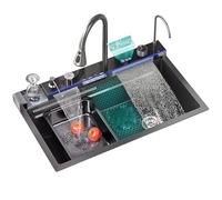 Évier de cuisine poste de travail en acier inoxydable 304, montage par le dessus, cuve simple, avec robinet cascade et accessoires(85CM)