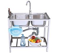 Évier de Cuisine Professionnel en Acier Inoxydable À 2 Bacs, Évier Extérieur Autoportant avec Robinet pour Restaurant, Buanderie, Garage(86x44x75cm)