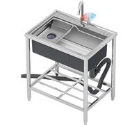 Évier de cuisine professionnel en acier inoxydable à une cuve, sur pied, avec robinet d'eau chaude et froide, pour une utilisation intérieure, extérieure, garage ou buanderie.