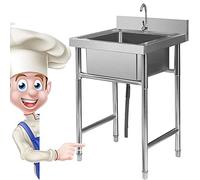 Évier de cuisine professionnel en acier inoxydable, cuve simple avec robinet, autoportant, pour restaurant, cuisine, buanderie, garage, intérieur et extérieur (50/60 cm)
