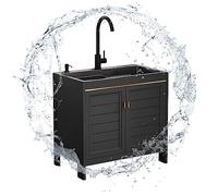 Évier de cuisine professionnel en acier inoxydable noir avec robinet d'eau chaude et froide et étagères de rangement pour extérieur, intérieur, restaurant, garage, buanderie. (Dimensions : 65 x 45 x 8