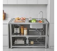 Évier de Cuisine Professionnel Inox, Évier 1 Bac Autoportant avec Plan de Travail et Étagère, Robinet Eau Chaude/Froide et Bonde(100X45X80cm)