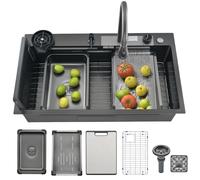 Évier de cuisine profond en acier inoxydable avec robinet extractible et grille inférieure - Multifonctionnel à cuve unique cascade pour un usage domestique (noir 754525 cm)